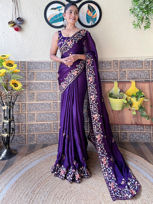 Women's Chiffon Purple Embellished Designer Saree With Blouse Piece
