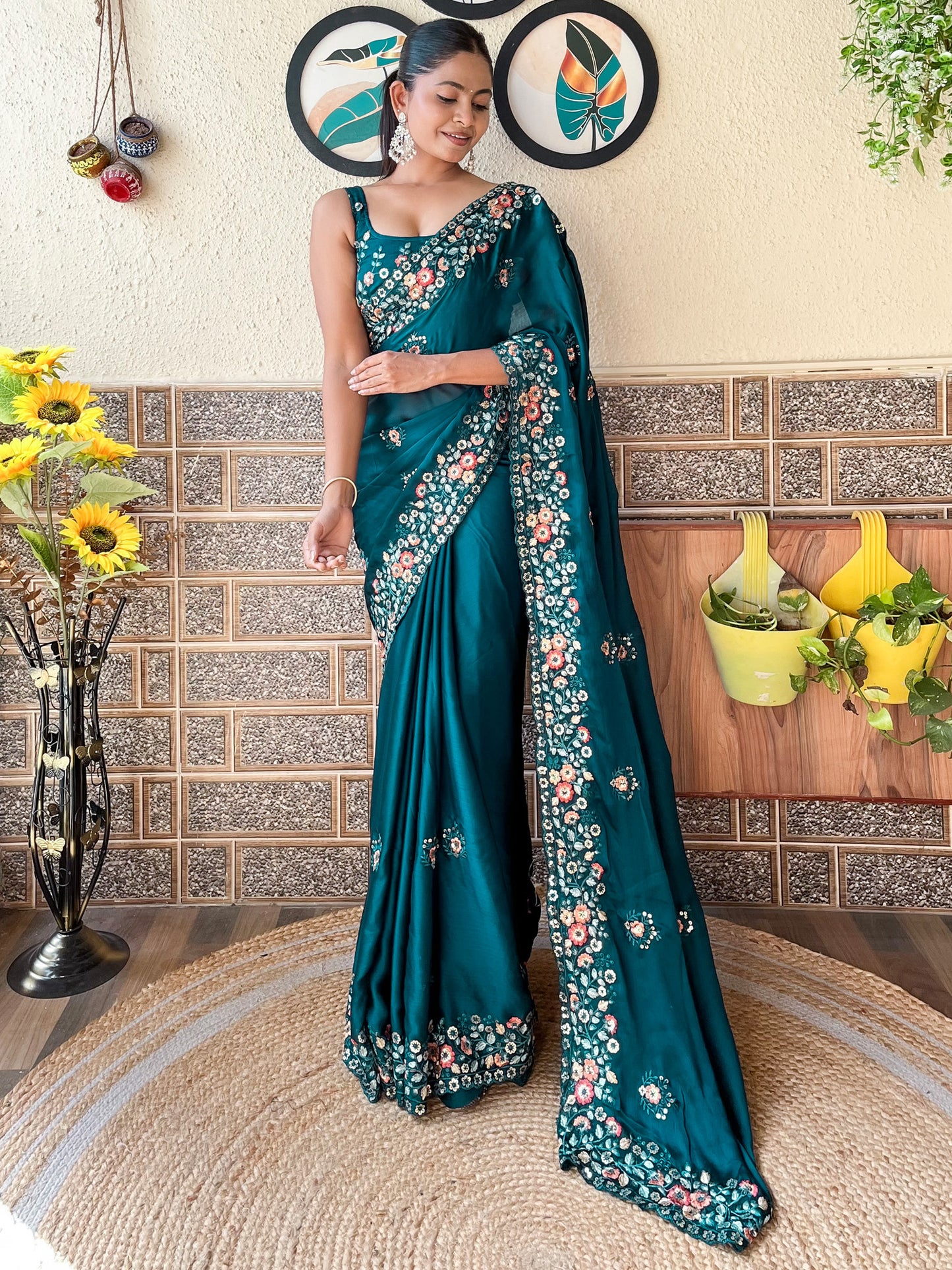 Women's Chiffon Teal blue Embellished Designer Saree With Blouse Piece
