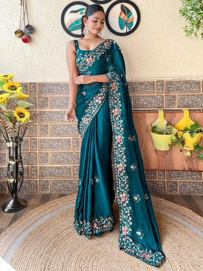 Women's Chiffon Teal blue Embellished Designer Saree With Blouse Piece