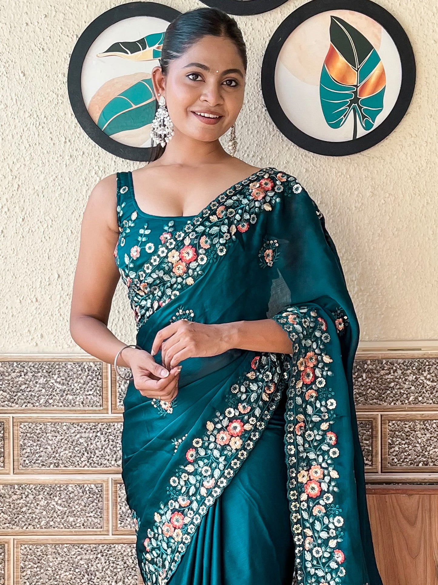 Women's Chiffon Teal blue Embellished Designer Saree With Blouse Piece