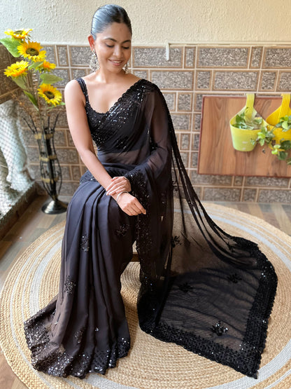 Women's Georgette Black Embellished Designer Saree With Blouse Piece