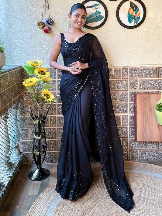 Women's Georgette Black Embellished Designer Saree With Blouse Piece