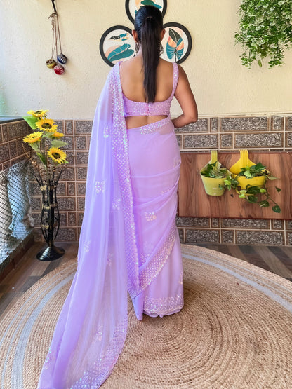 Women's Georgette Lavendar Embellished Designer Saree With Blouse Piece