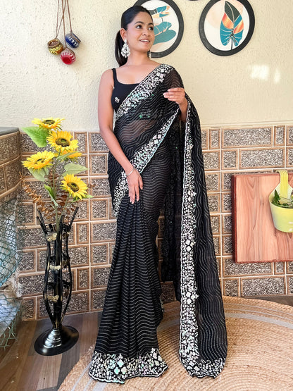 Women's Georgette Black Embellished Designer Saree With Blouse Piece