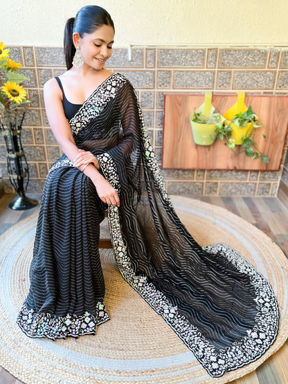 Women's Georgette Black Embellished Designer Saree With Blouse Piece
