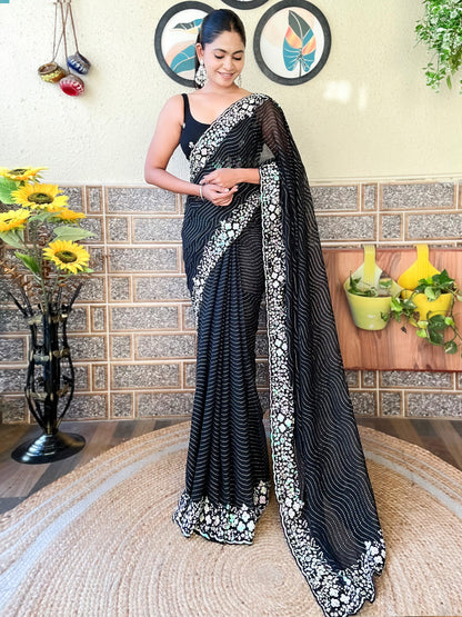 Women's Georgette Black Embellished Designer Saree With Blouse Piece
