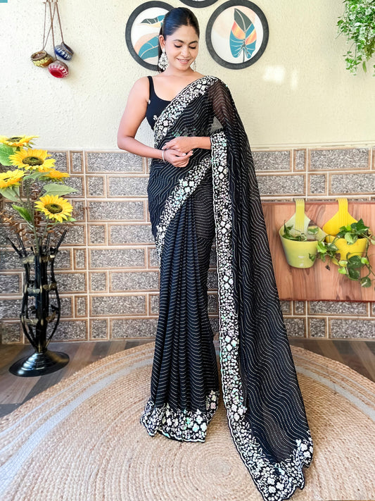 Women's Georgette Black Embellished Designer Saree With Blouse Piece