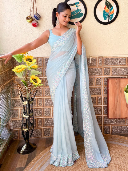 Women's Georgette Light Blue Embellished Designer Saree With Blouse Piece