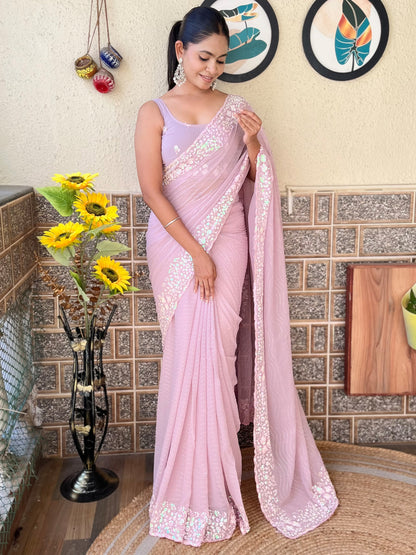 Women's Georgette Mauve Embellished Designer Saree With Blouse Piece