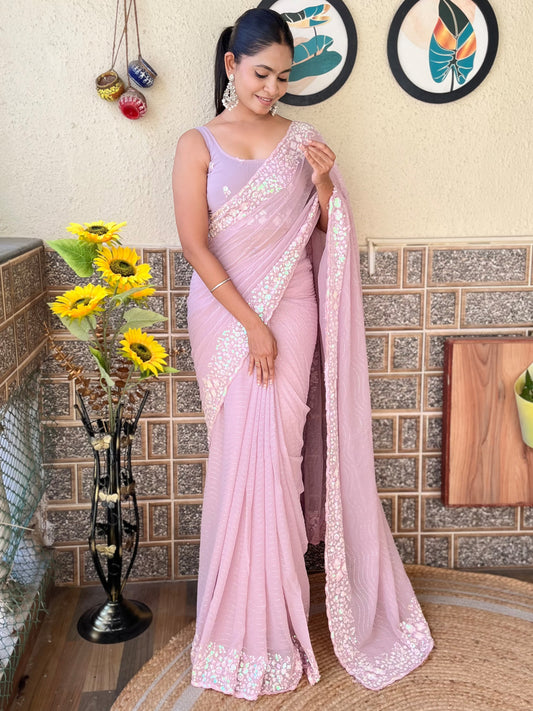 Women's Georgette Mauve Embellished Designer Saree With Blouse Piece