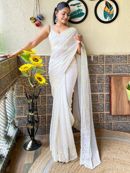 Women's Georgette Off White Embellished Designer Saree With Blouse Piece