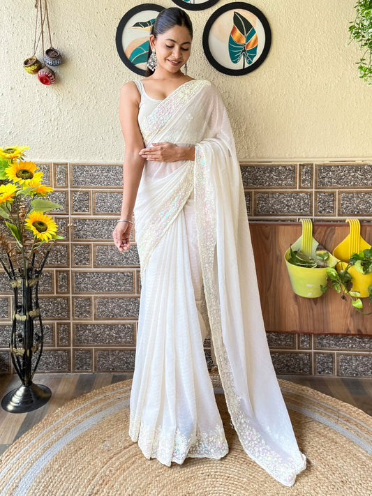 Women's Georgette Off White Embellished Designer Saree With Blouse Piece