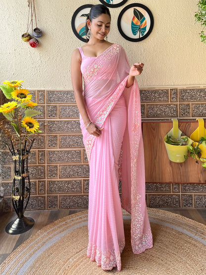 Women's Georgette Pink Embellished Designer Saree With Blouse Piece