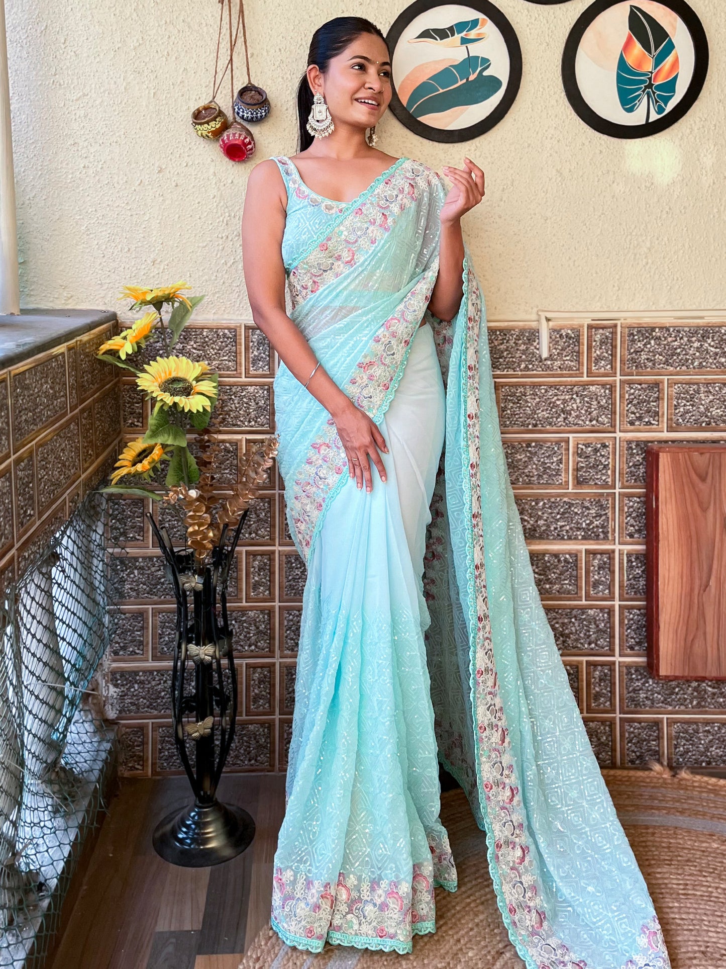 Women's Georgette Light Blue Embellished Designer Saree With Blouse Piece