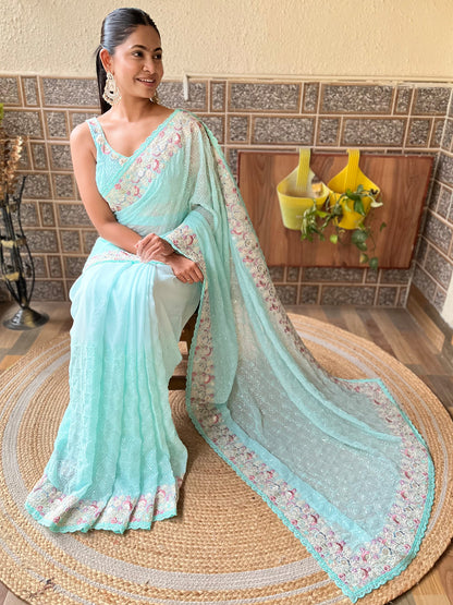 Women's Georgette Light Blue Embellished Designer Saree With Blouse Piece