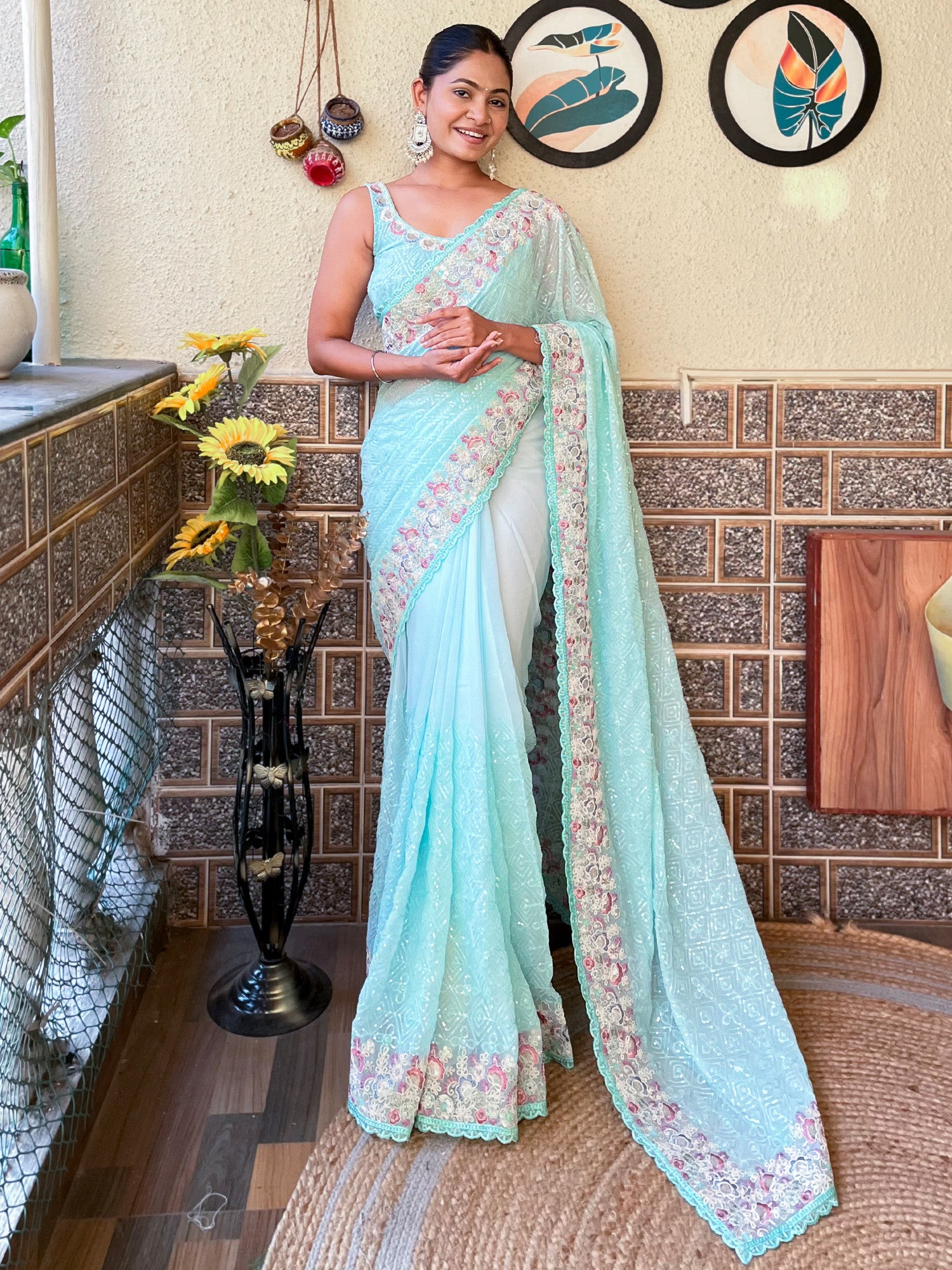 Women's Georgette Light Blue Embellished Designer Saree With Blouse Piece