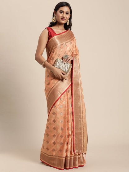 Dhiyona GR Women's Kesar Peach Orange Zari Woven Design Banarasi Pure Cotton Saree