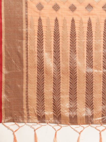 Dhiyona GR Women's Kesar Peach Orange Zari Woven Design Banarasi Pure Cotton Saree