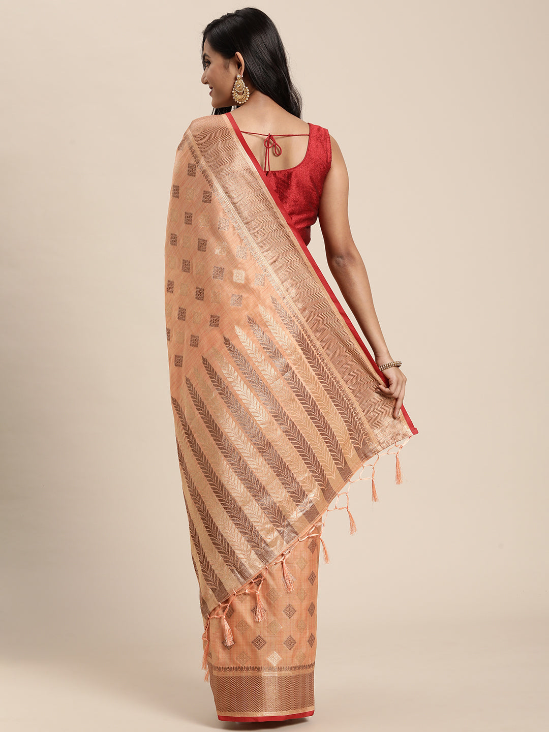 Dhiyona GR Women's Kesar Peach Orange Zari Woven Design Banarasi Pure Cotton Saree
