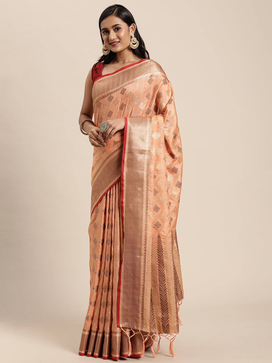 Dhiyona GR Women's Kesar Peach Orange Zari Woven Design Banarasi Pure Cotton Saree