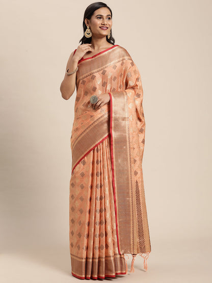 Dhiyona GR Women's Kesar Peach Orange Zari Woven Design Banarasi Pure Cotton Saree