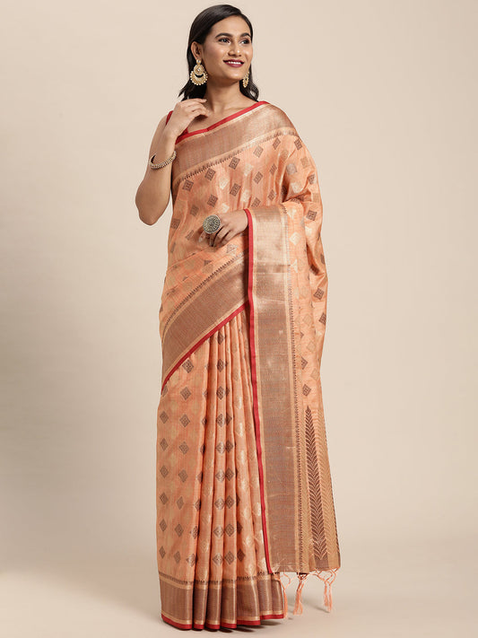 Dhiyona GR Women's Kesar Peach Orange Zari Woven Design Banarasi Pure Cotton Saree