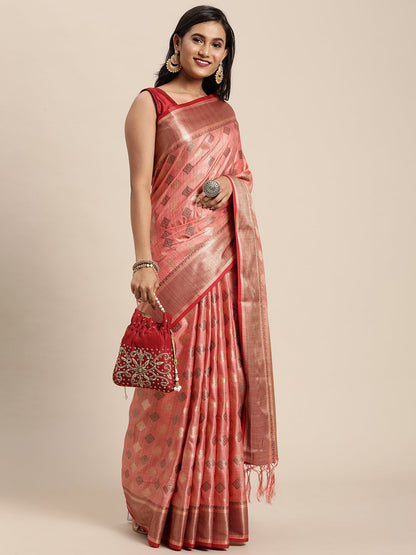 Dhiyona GR Women's Kesar Rose Gold Pink Zari Woven Design Banarasi Pure Cotton Saree