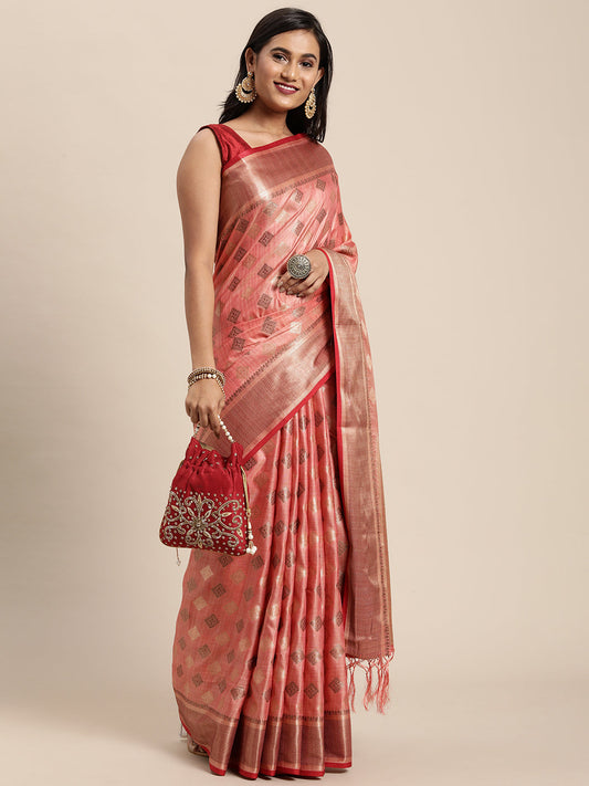 Dhiyona GR Women's Kesar Rose Gold Pink Zari Woven Design Banarasi Pure Cotton Saree