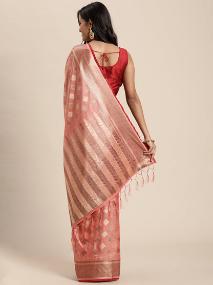 Dhiyona GR Women's Kesar Rose Gold Pink Zari Woven Design Banarasi Pure Cotton Saree