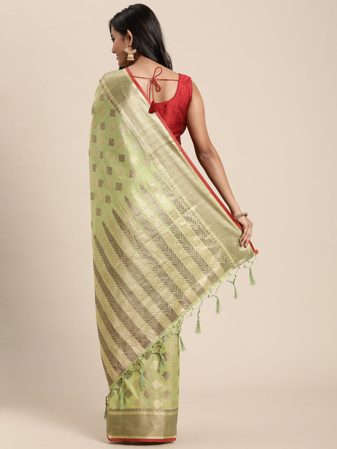 Dhiyona GR Women's Kesar Sheen Green Zari Woven Design Banarasi Pure Cotton Saree