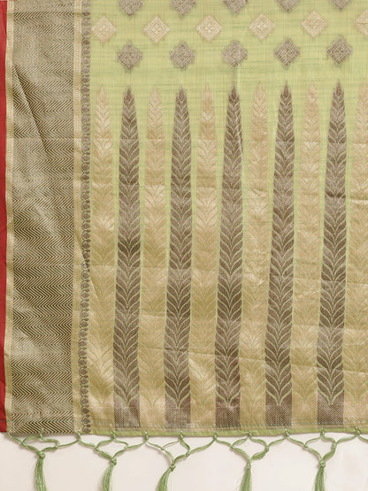 Dhiyona GR Women's Kesar Sheen Green Zari Woven Design Banarasi Pure Cotton Saree