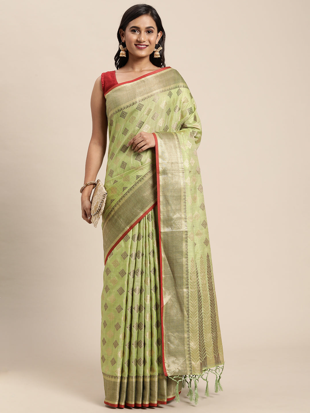 Dhiyona GR Women's Kesar Sheen Green Zari Woven Design Banarasi Pure Cotton Saree