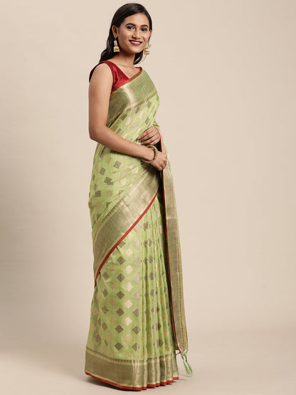 Dhiyona GR Women's Kesar Sheen Green Zari Woven Design Banarasi Pure Cotton Saree
