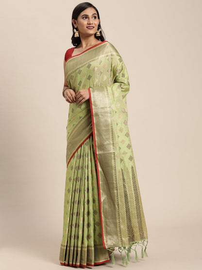 Dhiyona GR Women's Kesar Sheen Green Zari Woven Design Banarasi Pure Cotton Saree