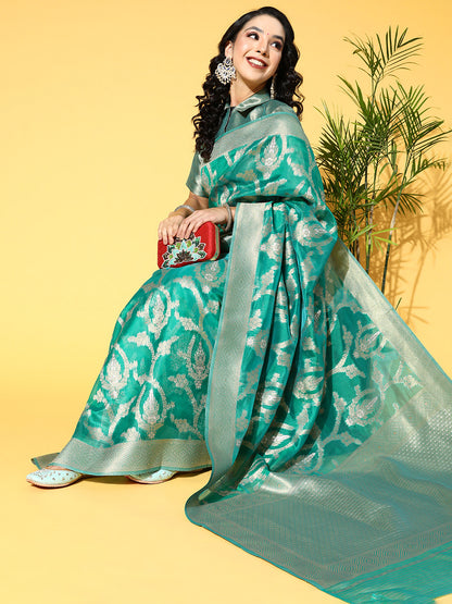 Women's Organza Teal green Woven Design Celebrity Saree With Blouse Piece