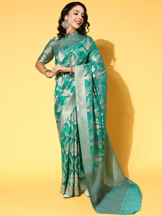 Women's Organza Teal green Woven Design Celebrity Saree With Blouse Piece