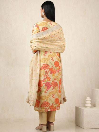 Dhiyona SO Women's Floral Botanical Printed Notch Neck Sequinned Tissue Kurta With Trousers & Dupatta