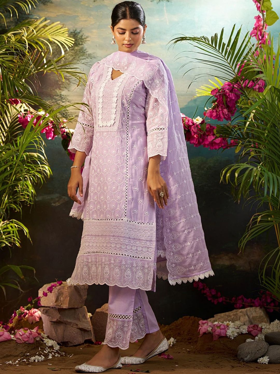 Women Ethnic Motifs Embroidered Regular Chikankari Pure Cotton Kurta with Trousers & With Dupatta