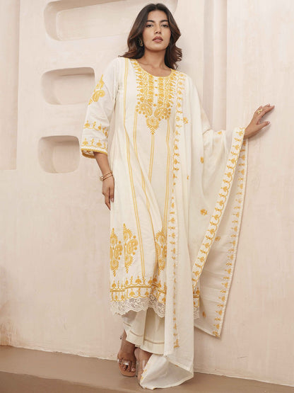Dhiyona PD Women Floral Embroidered Pure Cotton Kurta & Trousers With Dupatta