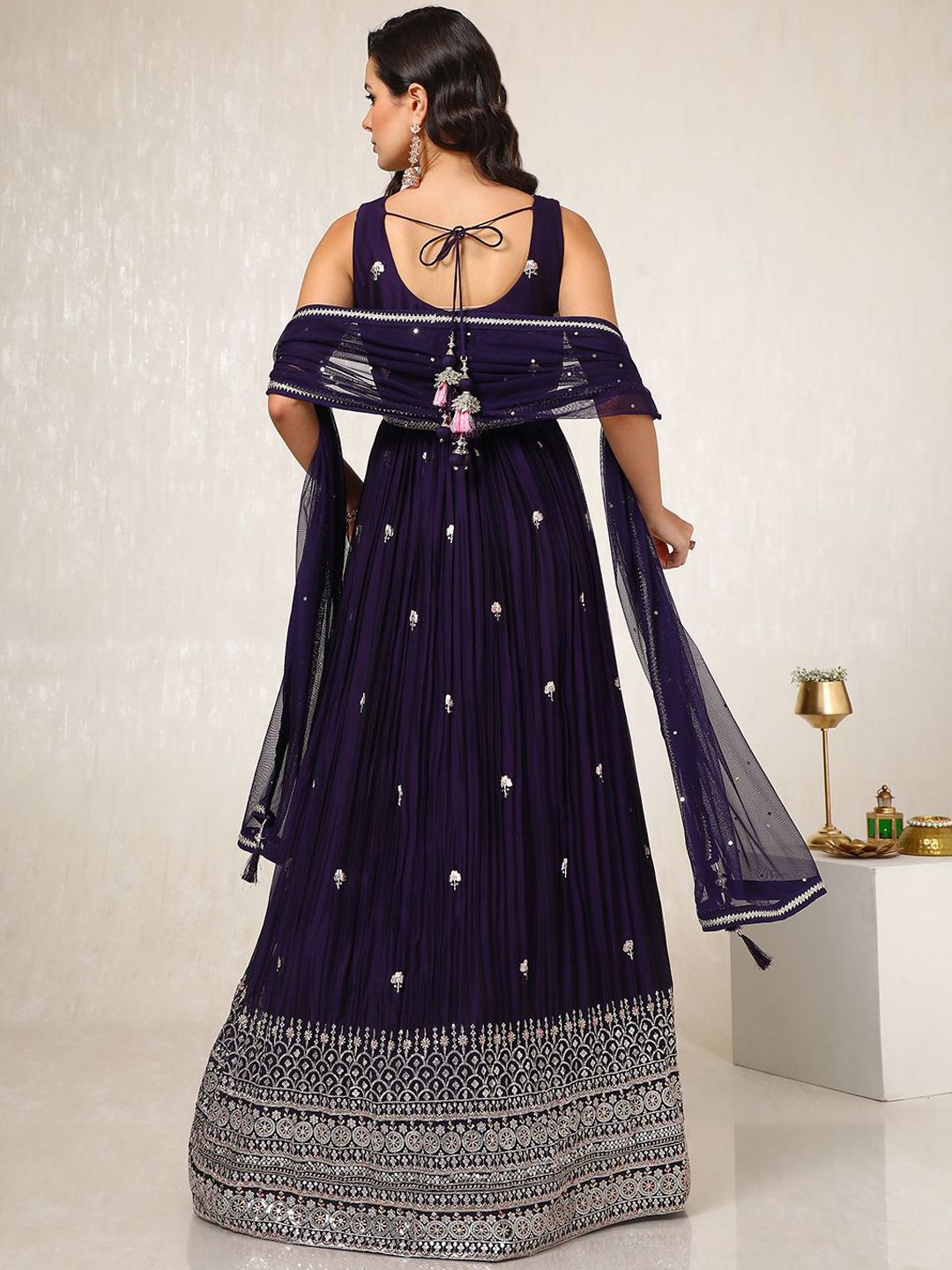 Dhiyona SO Women's Embroidered Empire Sequinned Anarkali Kurta with Churidar & Dupatta
