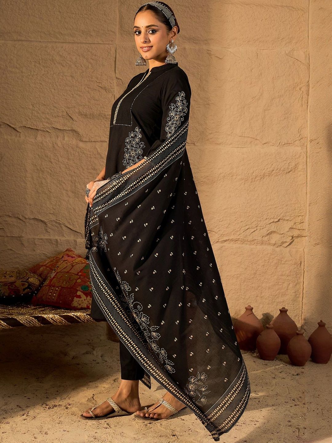 Women Ethnic Motifs Embroidered Cotton Kurta with Trousers & Dupatta