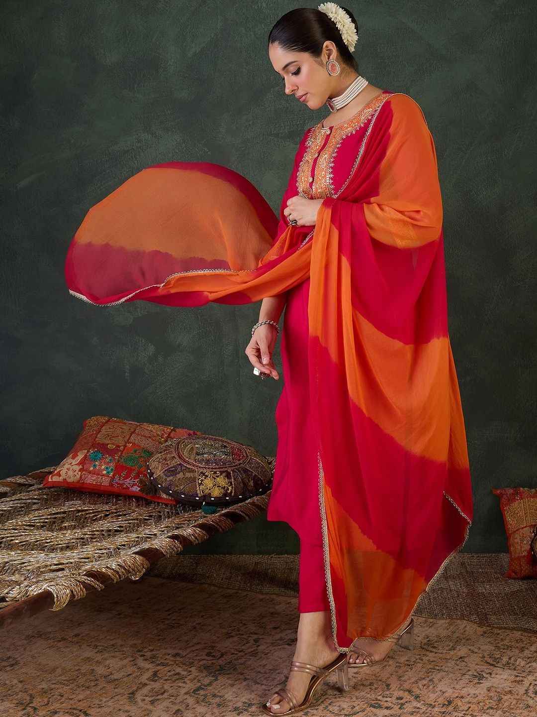 Ethnic Motifs Embroidered Straight Thread Work Kurta With Trouser & Dupatta