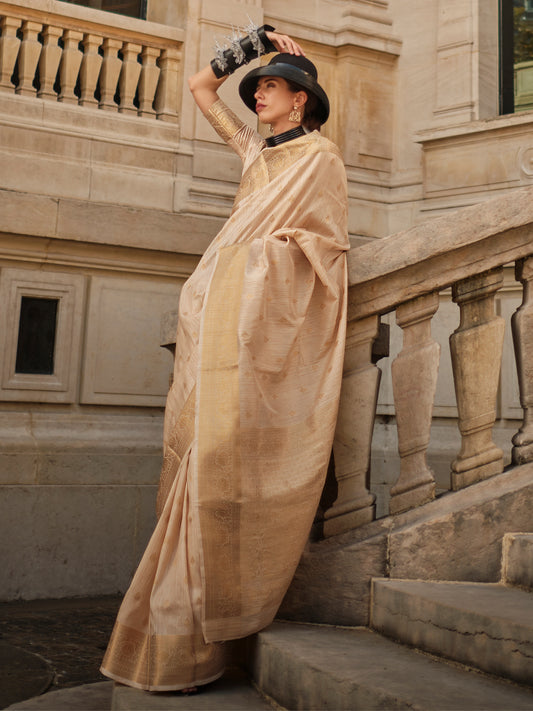 Women's Silk Blend cream Woven Design Designer Saree With Blouse Piece