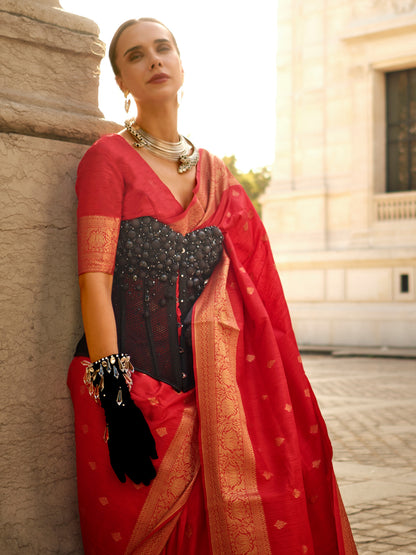Women's Silk Blend Red Woven Design Designer Saree With Blouse Piece