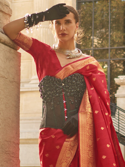 Women's Silk Blend Red Woven Design Designer Saree With Blouse Piece