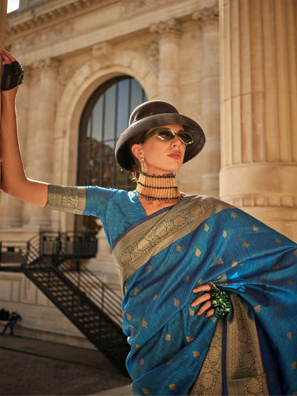 Women's Silk Blend Blue Woven Design Designer Saree With Blouse Piece