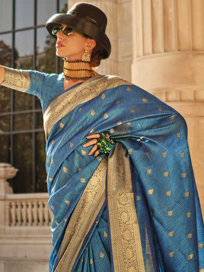 Women's Silk Blend Blue Woven Design Designer Saree With Blouse Piece