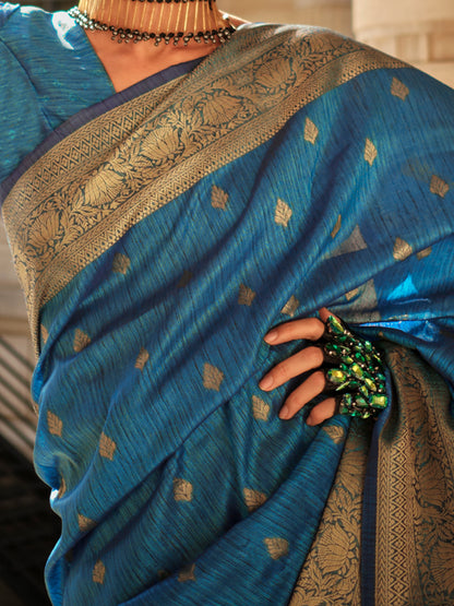 Women's Silk Blend Blue Woven Design Designer Saree With Blouse Piece