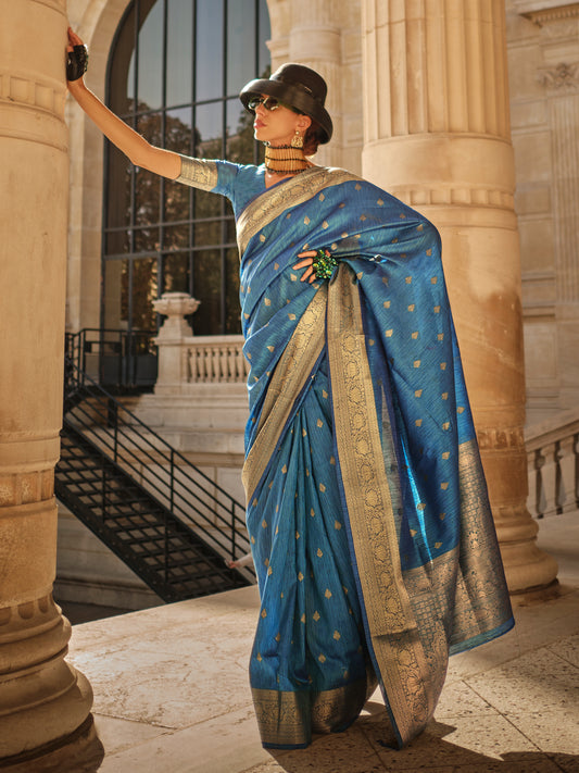 Women's Silk Blend Blue Woven Design Designer Saree With Blouse Piece