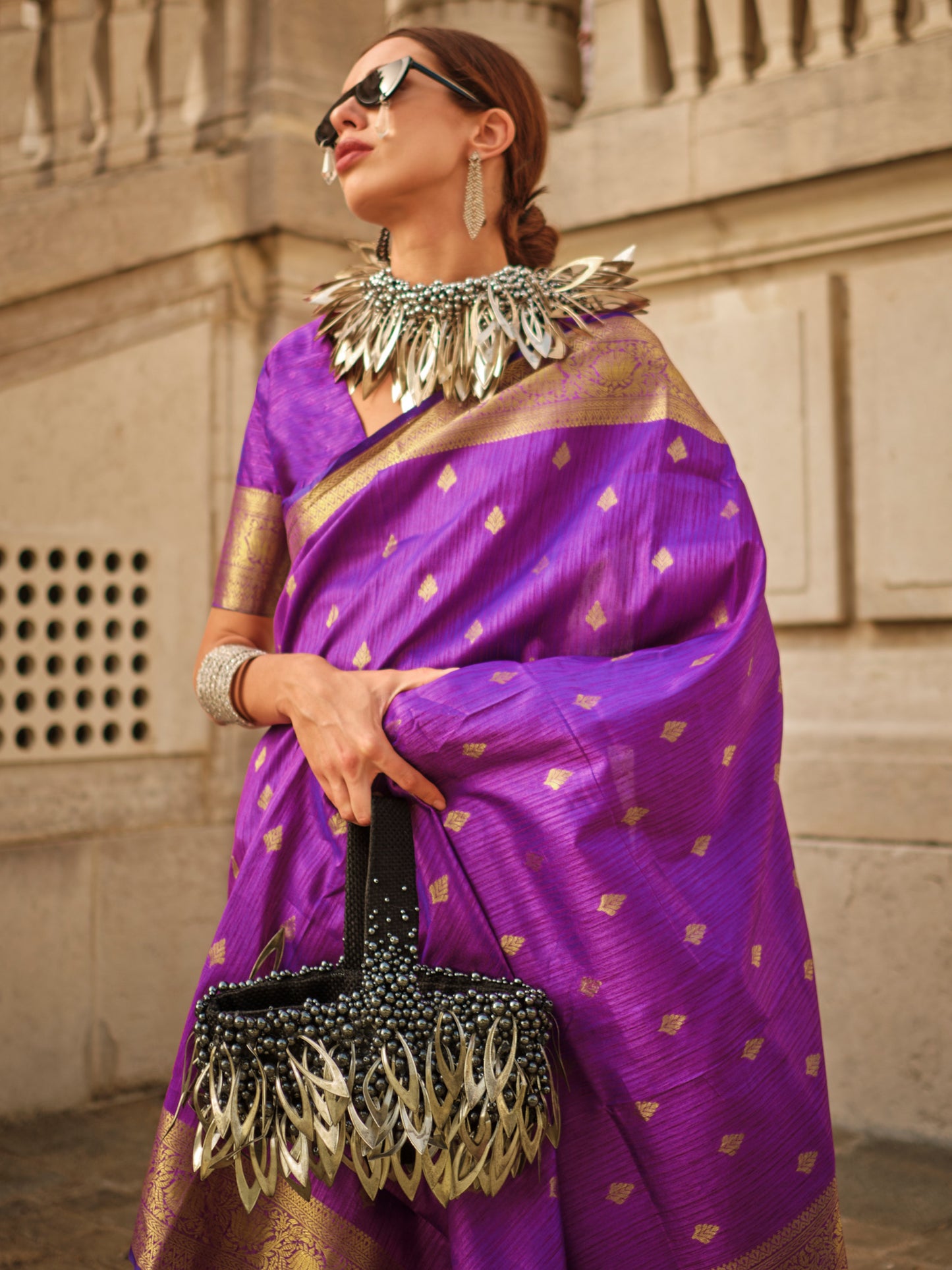 Women's Silk Blend Purple Woven Design Designer Saree With Blouse Piece